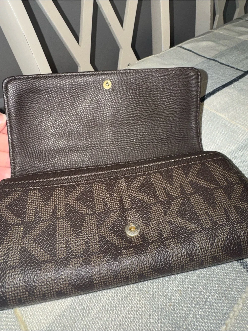Michael Kors Dark Brown MK Logo Continental Wallet with Tan Logo Accent